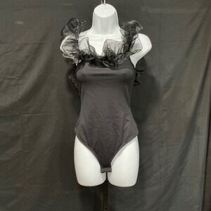 Free People Bodysuit Intimately FP One M Black Ruffle Tulle Open Back FP529201CY